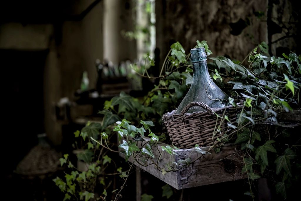 Wine glasses and bottles on the counter